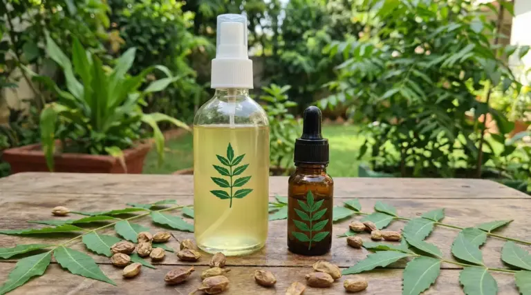 Flaconi di olio di neem su un tavolo in giardino, con foglie e semi, accanto a piante verdi