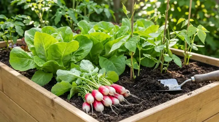 Ortaggi a crescita rapida in un orto rialzato con lattuga, ravanelli appena raccolti e giovani fagiolini