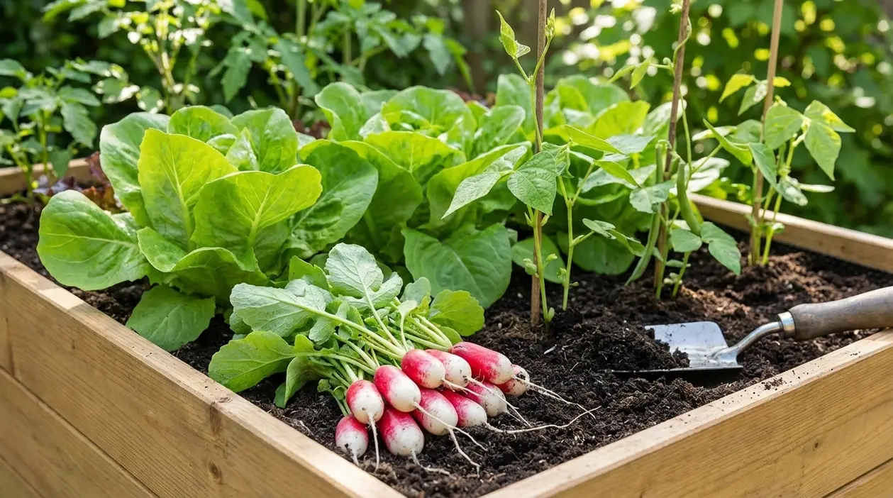 Ortaggi a crescita rapida in un orto rialzato con lattuga, ravanelli appena raccolti e giovani fagiolini