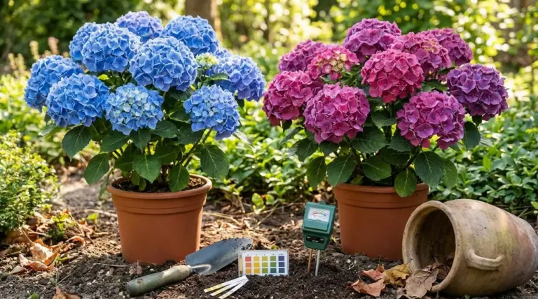 Ortensie in vaso blu e rosa in giardino con strumenti per misurare il pH del terreno
