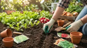 Persona con guanti semina nell’orto tra piantine di insalata e ravanelli, con attrezzi e bustine di semi sul terreno