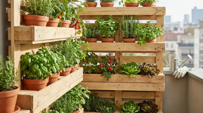 Orto verticale su balcone con pallet in legno, vasi di erbe aromatiche, pomodorini e insalata