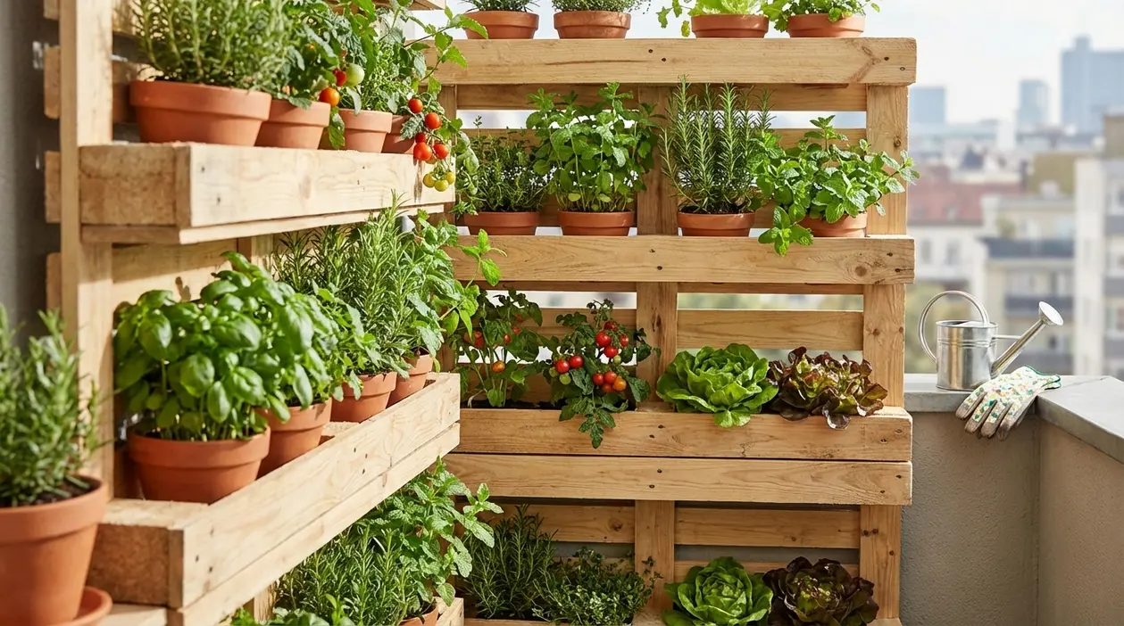 Orto verticale su balcone con pallet in legno, vasi di erbe aromatiche, pomodorini e insalata