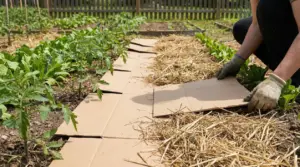 Persona che stende cartone e paglia come pacciamatura tra le file di ortaggi nell’orto