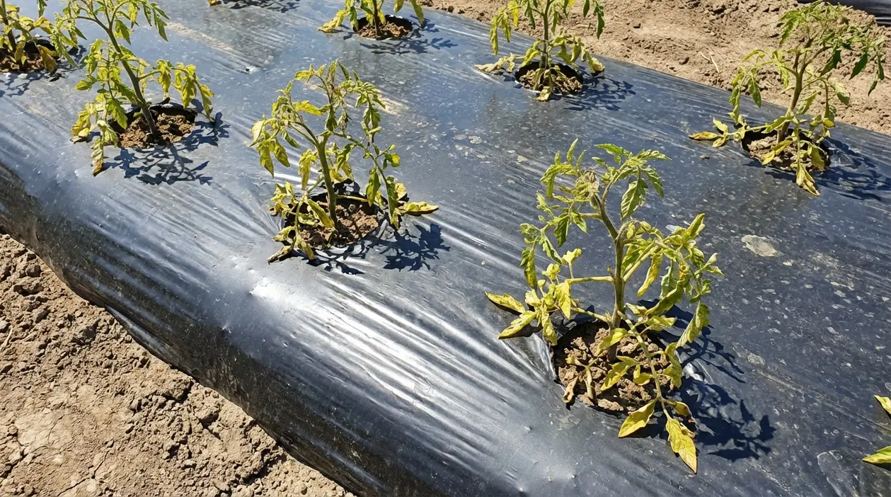 Pianta di orto su telo di pacciamatura in plastica nera, con foglie ingiallite e crescita stentata