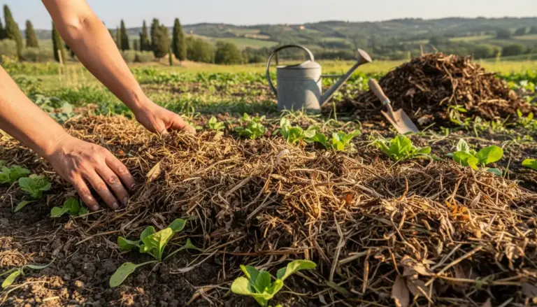 Mani che stendono pacciamatura di paglia nell’orto tra giovani piantine, con annaffiatoio e cumulo sullo sfondo