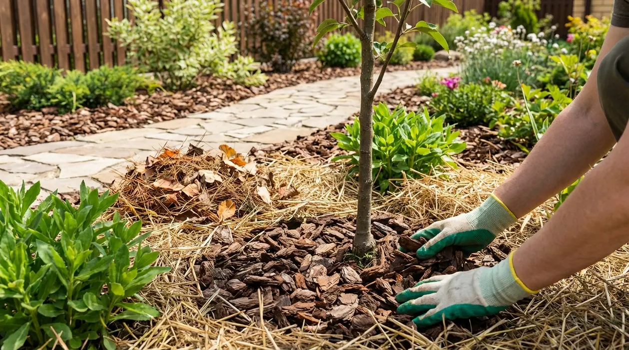 Persona che distribuisce pacciame naturale di corteccia e paglia attorno a un giovane albero in giardino