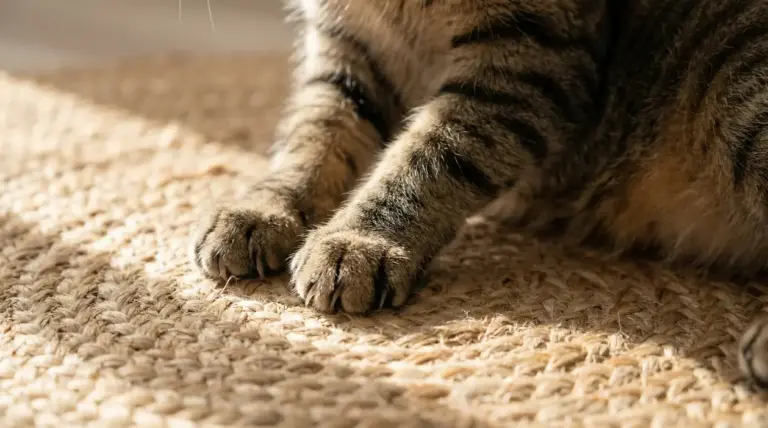 Zampe di un gatto tigrato che impasta una coperta intrecciata in casa, primo piano del comportamento di impastare