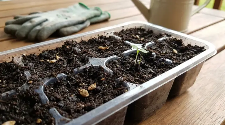 Vassoio per semina con terriccio e pochi semi germinati, guanti da giardinaggio e annaffiatoio sullo sfondo