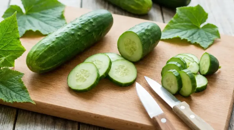 Cetrioli interi e a fette su un tagliere di legno con coltelli da cucina