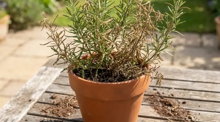Pianta di rosmarino in vaso con rami secchi e foglie ingiallite su un tavolo all’aperto
