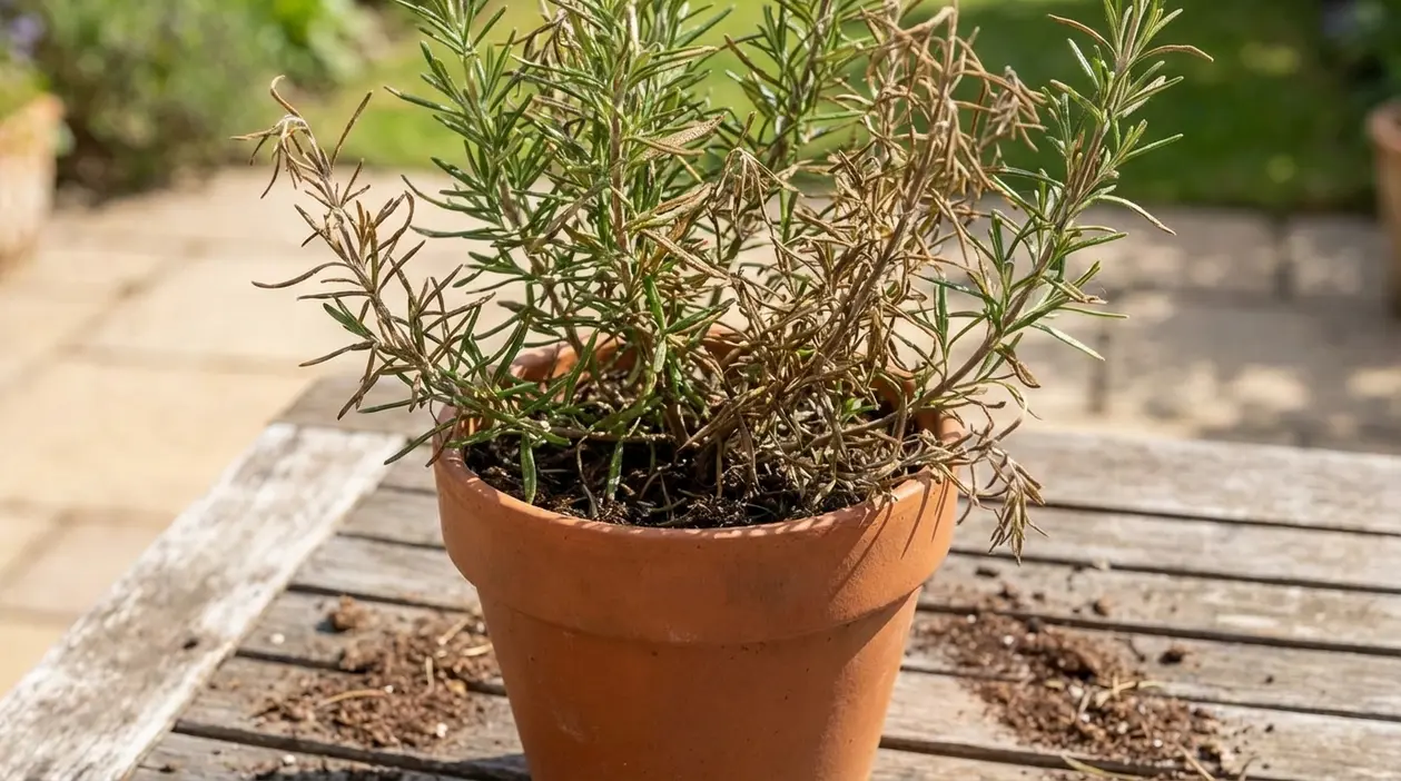 Pianta di rosmarino in vaso con rami secchi e foglie ingiallite su un tavolo all’aperto