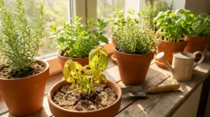 Piante aromatiche in vaso sul davanzale al sole; una piantina ingiallita indica condizioni di crescita non ideali