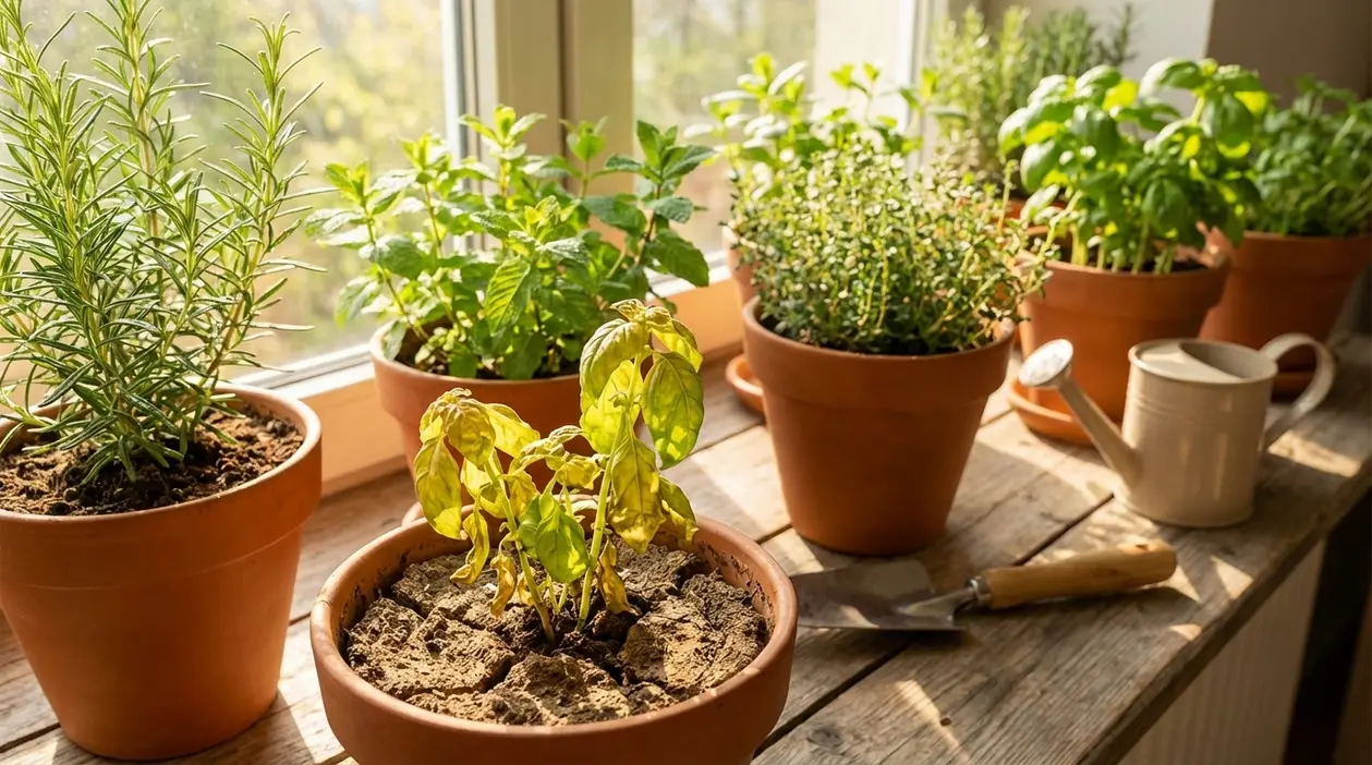 Piante aromatiche in vaso sul davanzale al sole; una piantina ingiallita indica condizioni di crescita non ideali