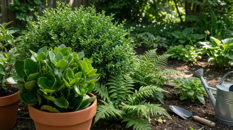 Piante verdi in vaso e in giardino con annaffiatoio e paletta, senza fiori visibili, in luce naturale