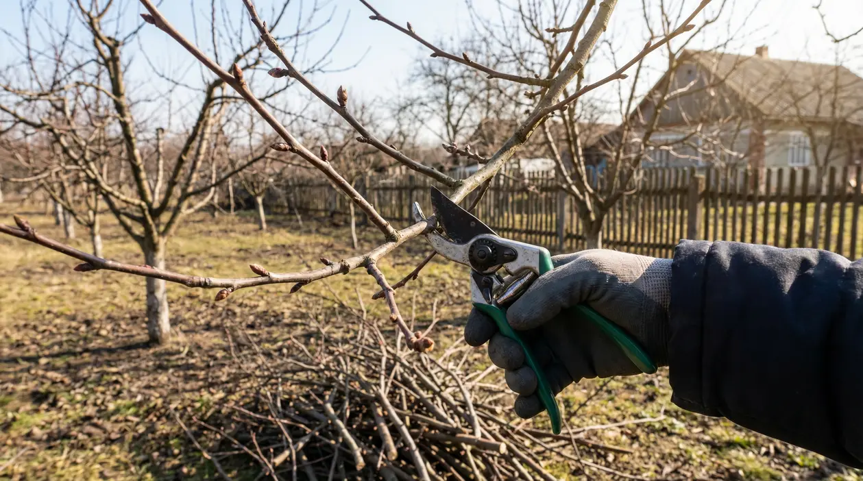 Mano con guanto che pota un ramo di albero da frutto con cesoie in un frutteto in inverno