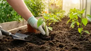 Mano con guanto trapianta piantine di peperone nell'orto in terreno soffice e ben esposto alla luce
