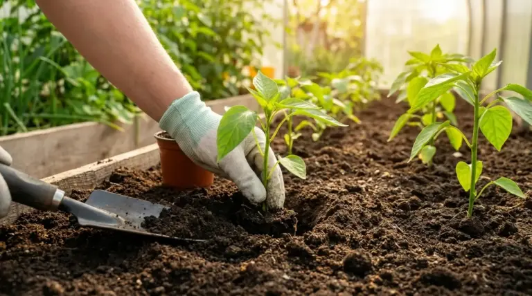 Mano con guanto trapianta piantine di peperone nell'orto in terreno soffice e ben esposto alla luce