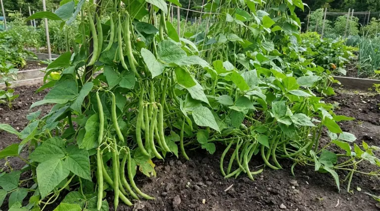 Piante di fagiolini nell’orto con molti baccelli verdi pronti per il raccolto
