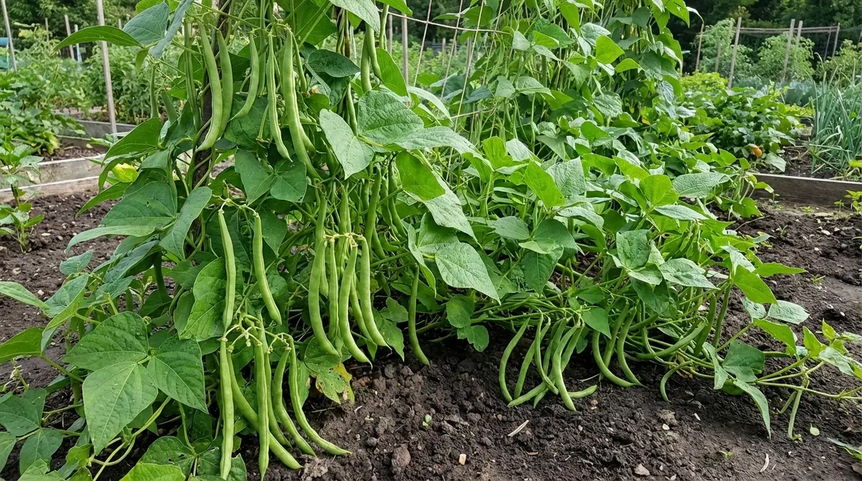 Piante di fagiolini nell’orto con molti baccelli verdi pronti per il raccolto