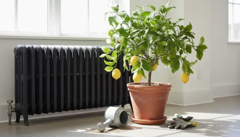 Pianta di limone in vaso accanto a un termosifone in una stanza luminosa