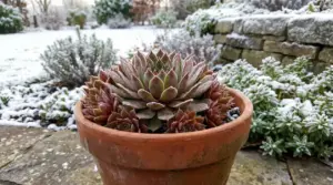 Pianta grassa in vaso di terracotta con brina e neve, in giardino invernale