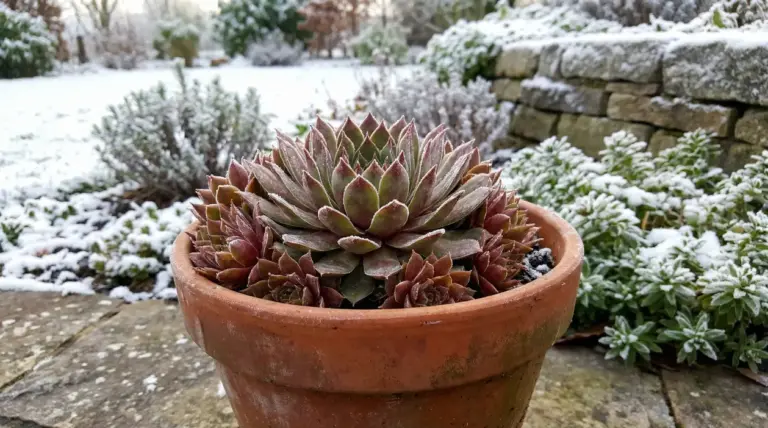 Pianta grassa in vaso di terracotta con brina e neve, in giardino invernale