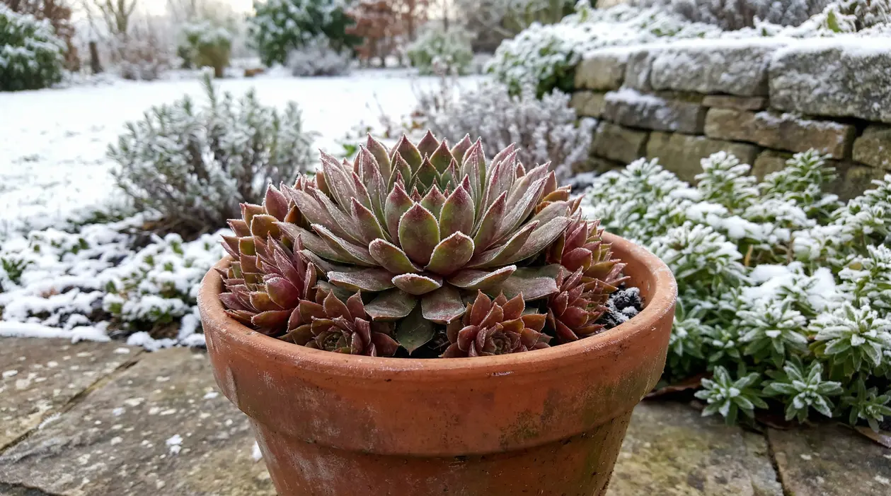 Pianta grassa in vaso di terracotta con brina e neve, in giardino invernale