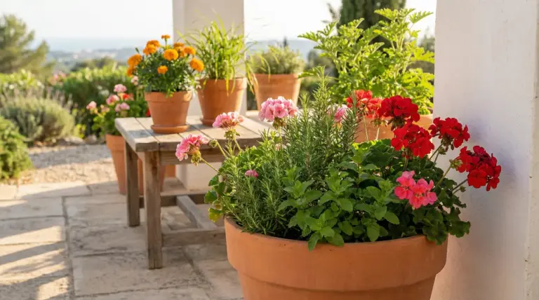 Vasi di erbe aromatiche e fiori su una terrazza soleggiata, ideali per profumare l’esterno e tenere lontane le zanzare