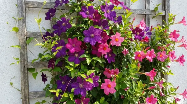 Pianta rampicante con fiori viola e rosa su grigliato in legno, ideale per coprire un muro e fiorire a lungo
