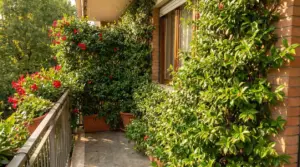 Balcone ricoperto da una rigogliosa pianta rampicante sempreverde con fiori rossi in vaso