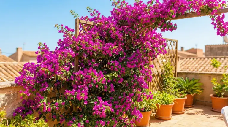 Bougainvillea fucsia rampicante su pergola in legno, ideale per creare ombra e privacy su un terrazzo soleggiato