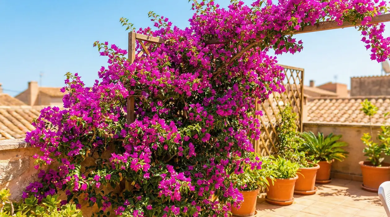 Bougainvillea fucsia rampicante su pergola in legno, ideale per creare ombra e privacy su un terrazzo soleggiato