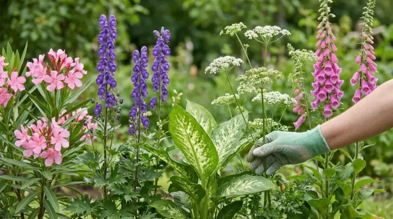 Mano con guanto da giardinaggio che indica fiori e piante ornamentali in un’aiuola, alcune potenzialmente velenose