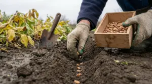 Mani con guanti seminano fave in un solco dell’orto, con cassetta di semi e paletta sullo sfondo