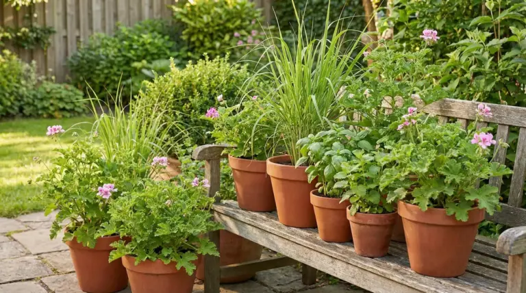 Vasi di citronella, basilico e gerani su una panca in giardino, utili per tenere lontane le zanzare
