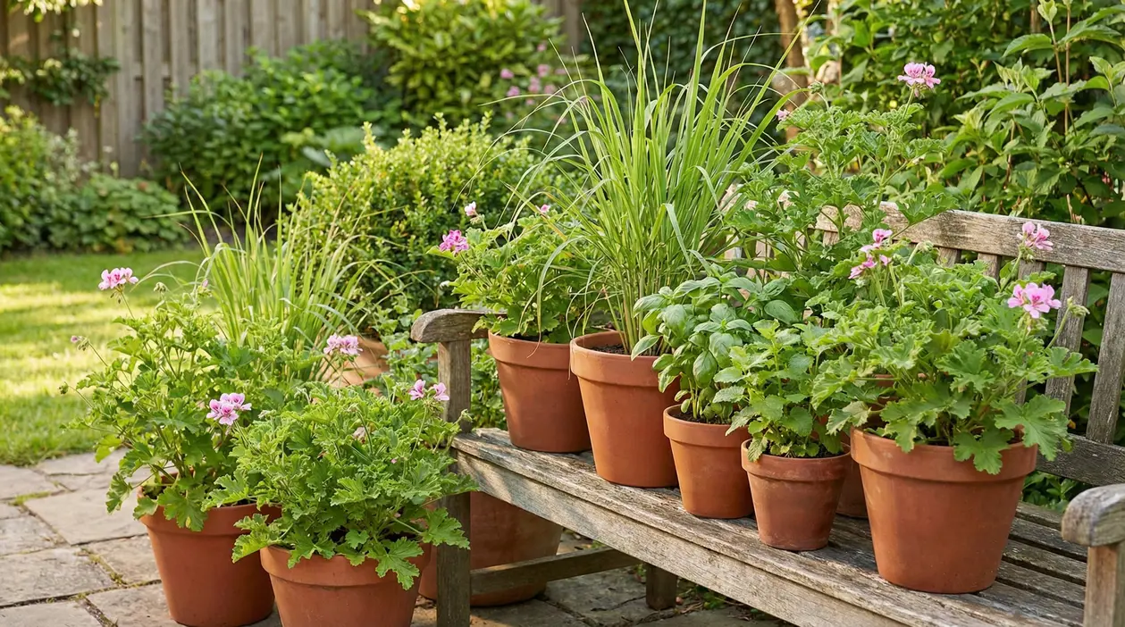 Vasi di citronella, basilico e gerani su una panca in giardino, utili per tenere lontane le zanzare