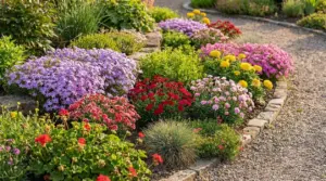 Bordura da giardino con piante basse perenni fiorite in rosa, viola, rosso e giallo lungo un vialetto di ghiaia