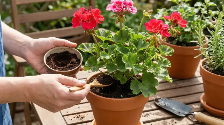 Mani che aggiungono fondo di caffè a un geranio in vaso con fiori rossi su un tavolo da giardino