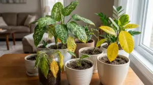 Piante d’appartamento in vaso con foglie gialle e appassite vicino a una finestra in salotto