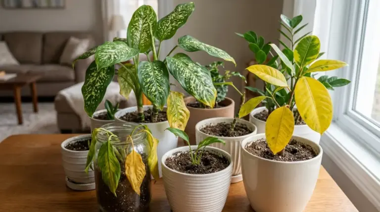 Piante d’appartamento in vaso con foglie gialle e appassite vicino a una finestra in salotto