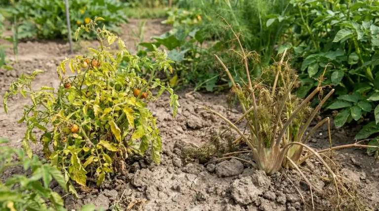 Piante di pomodoro e finocchio sofferenti vicine nell'orto, con crescita rallentata e foglie ingiallite