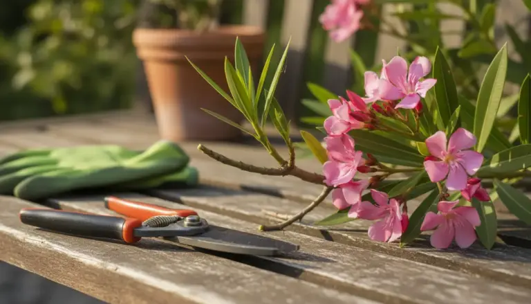 Ramo di oleandro con fiori rosa su un tavolo, accanto a cesoie da potatura e guanti da giardinaggio