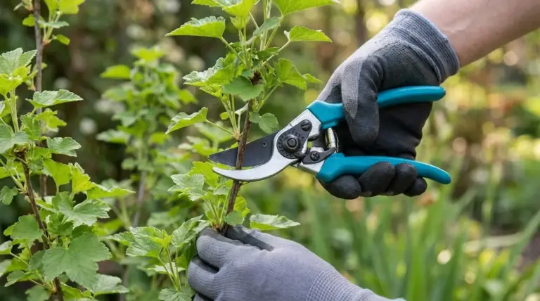 Mani con guanti potano un arbusto verde con cesoie da giardinaggio in giardino