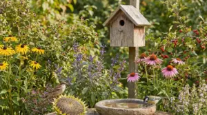 Casetta nido e abbeveratoio tra fiori e bacche in giardino, con piccoli uccelli che bevono