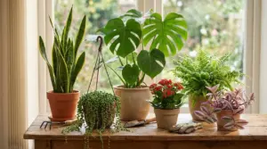 Varie piante da appartamento facili da coltivare per principianti disposte su un tavolo vicino a una finestra luminosa