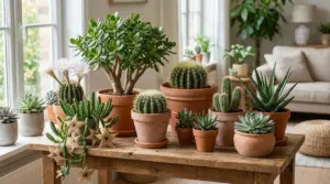 Varietà di piante grasse e cactus in vasi di terracotta su un tavolo in un soggiorno luminoso
