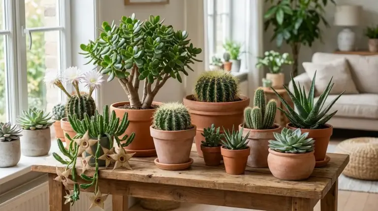 Varietà di piante grasse e cactus in vasi di terracotta su un tavolo in un soggiorno luminoso