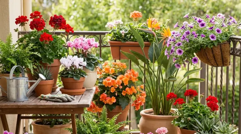 Balcone con piante in vaso colorate e resistenti, tra gerani, petunie, ciclamini e sterlizia