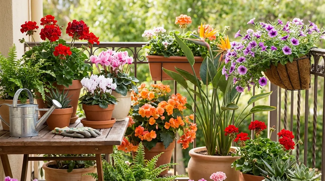 Balcone con piante in vaso colorate e resistenti, tra gerani, petunie, ciclamini e sterlizia